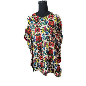 Multicolored Floral Pom Pom Trim Boutique Poncho Tunic Top Size L